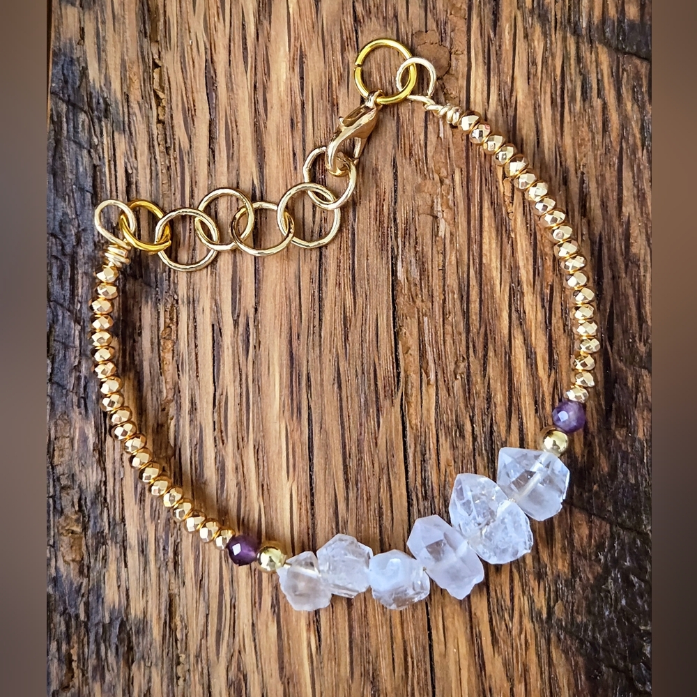 Ethereal Radiance Genuine Herkimer Diamonds W/ Amethysts In Feminine Bracelet